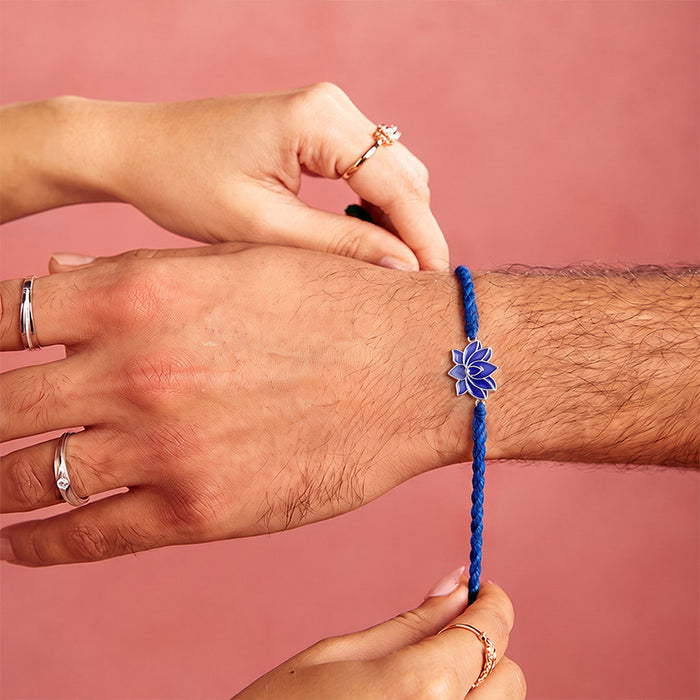 Lotus Bloom Enamel Rhodium Plated Silver Rakhi (Zavya Signature)