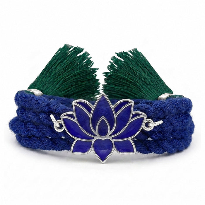 Lotus Bloom Enamel Rhodium Plated Silver Rakhi (Zavya Signature)