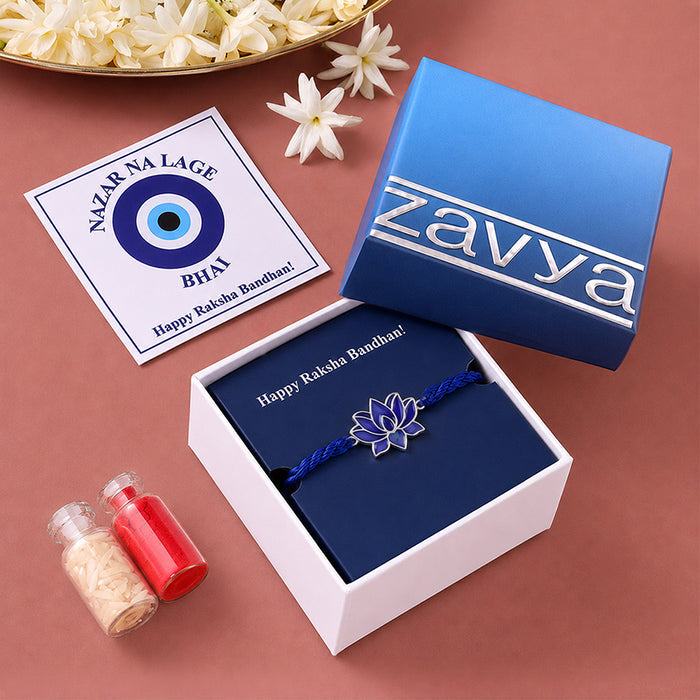 Lotus Bloom Enamel Rhodium Plated Silver Rakhi (Zavya Signature)