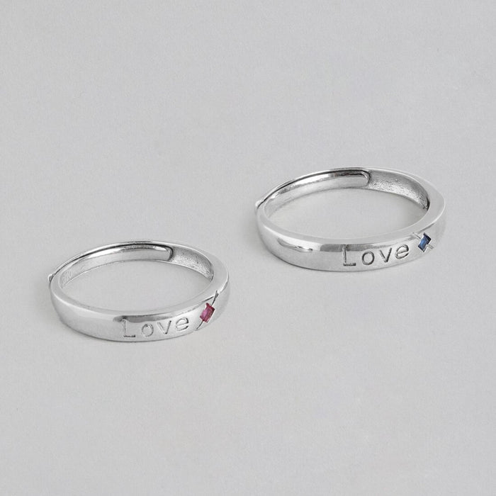 Love's Embrace 925 Sterling Silver Couple Ring with Love Pattern (Adjustable)