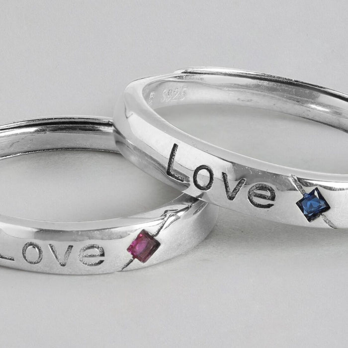 Love's Embrace 925 Sterling Silver Couple Ring with Love Pattern (Adjustable)