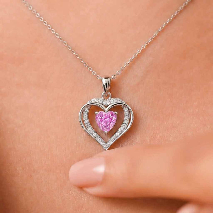 Love's Safe Pink Heart Rhodium Plated 925 Silver Pendant with Link Chain