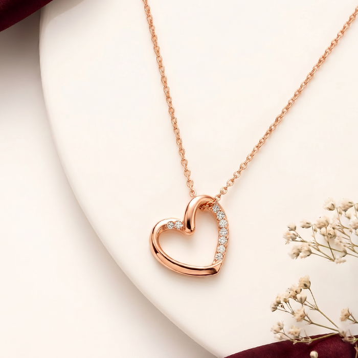 Love's Sparkle Heart Rose Gold Plated 925 Sterling Silver Pendant with Link Chain