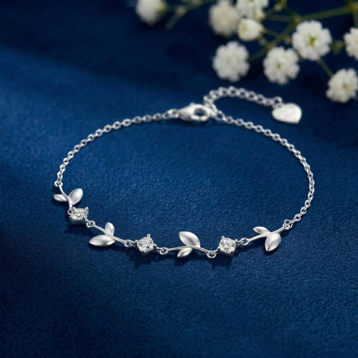 Luminous Orbit Leaf Rhodium Plated 925 Silver Bracelet (Adjustable)