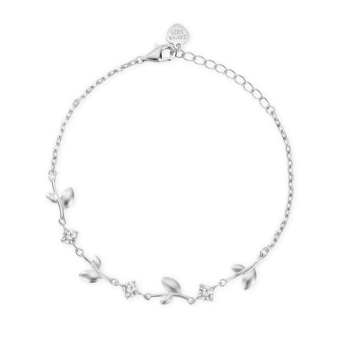 Luminous Orbit Leaf Rhodium Plated 925 Silver Bracelet (Adjustable)