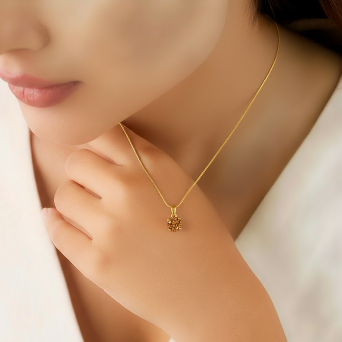 Woman wearing a gold plated 925 Sterling Silver solitaire pendant necklace. Fine jewellery for women – Zavya