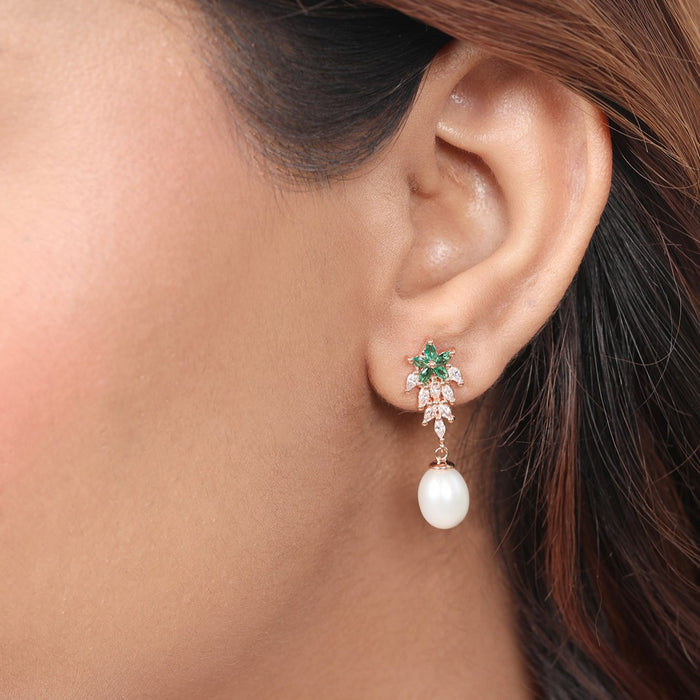 Lustrous Floral Cascade CZ Pearls Rose Gold Plated 925 Sterling Silver Earrings