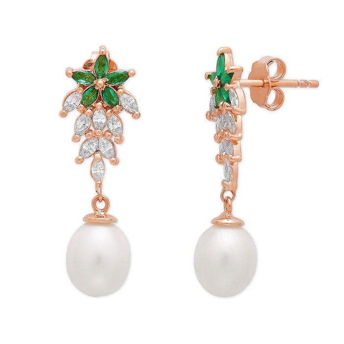 Lustrous Floral Cascade CZ Pearls Rose Gold Plated 925 Sterling Silver Earrings