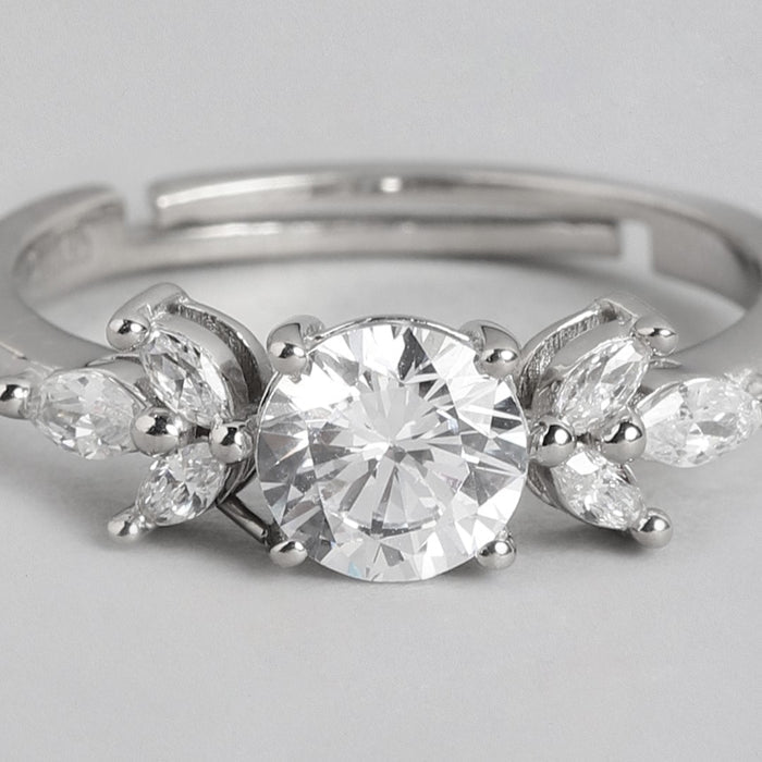 Lustrous Foliage: Rhodium Plated 925 Sterling Silver Ring for Her (Adjustable)
