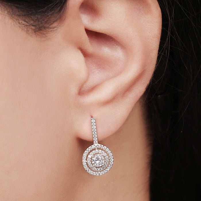 Lustrous Halo Cascade Ensemble Rhodium-Plated 925 Sterling Silver Earrings