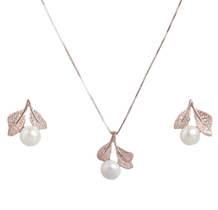 Lustrous Leaves & Pearls Rose Gold-Plated 925 Sterling Silver Jewelry Set
