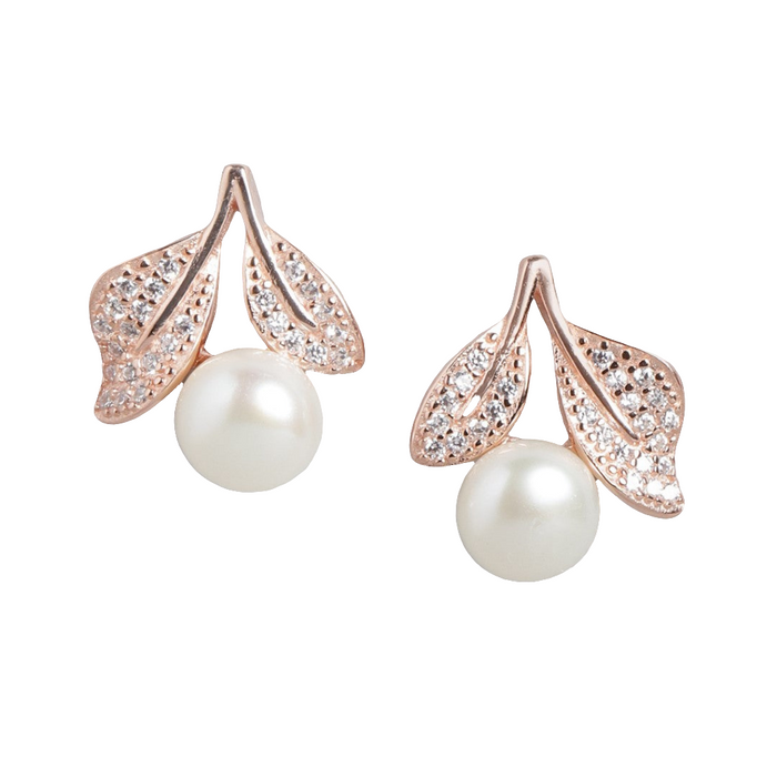 Lustrous Leaves & Pearls Rose Gold-Plated 925 Sterling Silver Jewelry Set