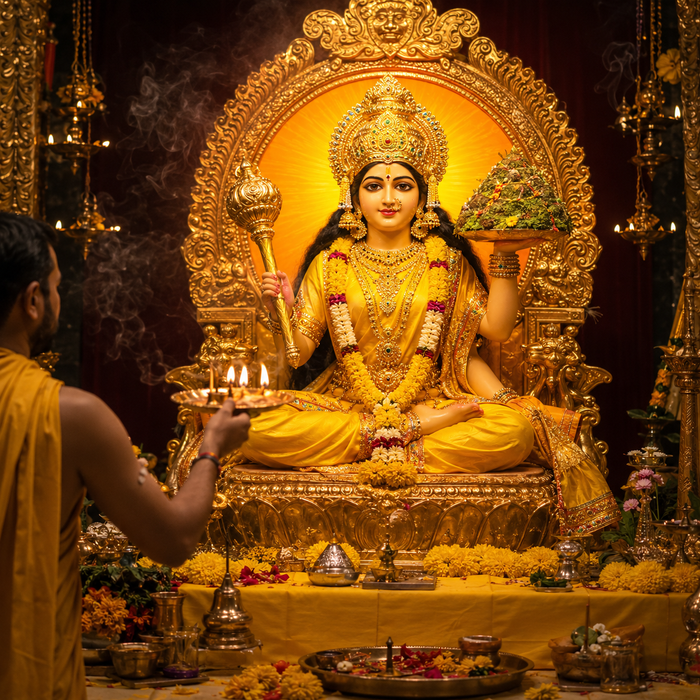 Pandit performing Maa Baglamukhi Pooja with yellow vastra and yellow offerings