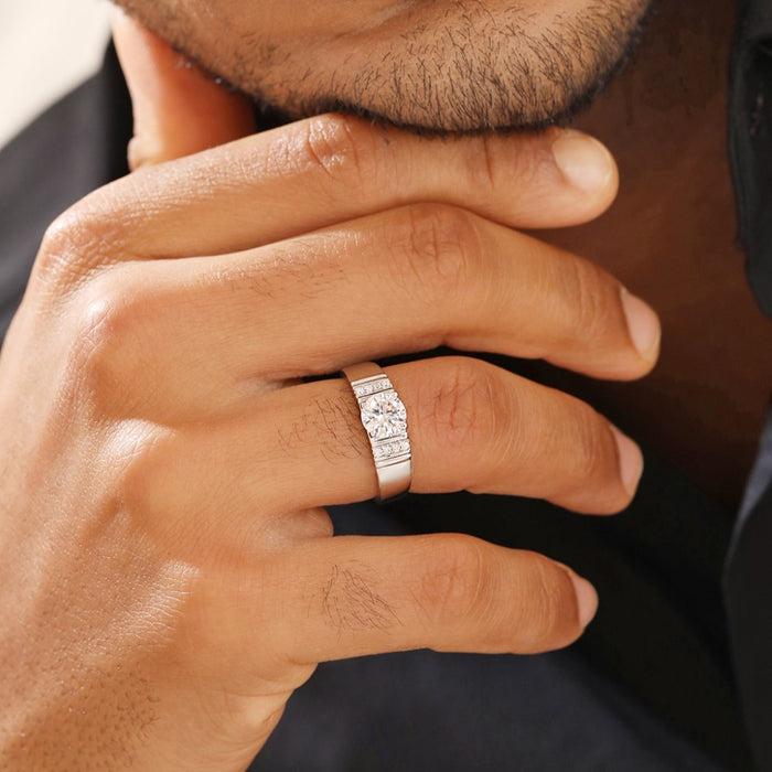 Majestic Gemstone CZ Rhodium Plated 925 Silver Mens Ring (Adjustable)