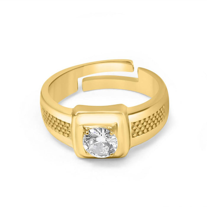 Gold-plated 925 Sterling Silver adjustable men's solitaire ring with clear stone. Jewellery gift for him – Zavya