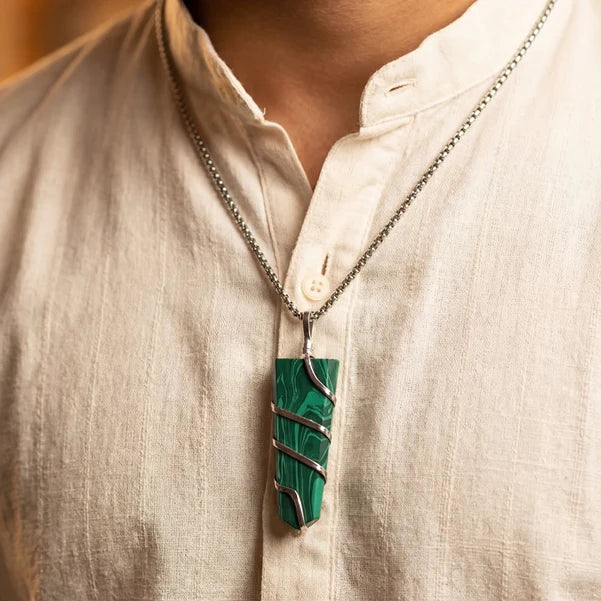 Malachite Stone Locket with Chain - view 2