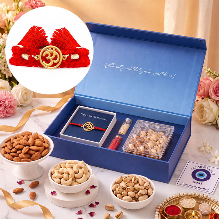 Mandala Om Gold Plated 925 Silver Rakhi Dry Fruits Gift Hamper