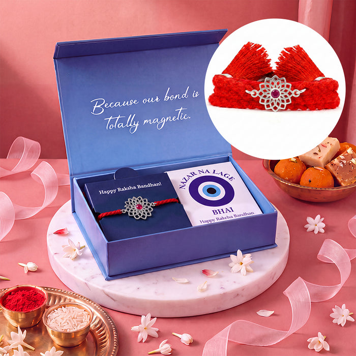 Mandala Silver Rakhi with Fridge Magnet Hamper