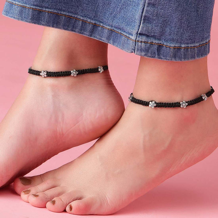 Midnight Bloom 925 Sterling Silver Flower Anklet
