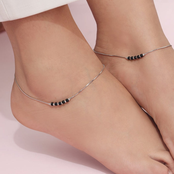 Minimal Beaded Rhodium Plated 925 Sterling Silver Anklet