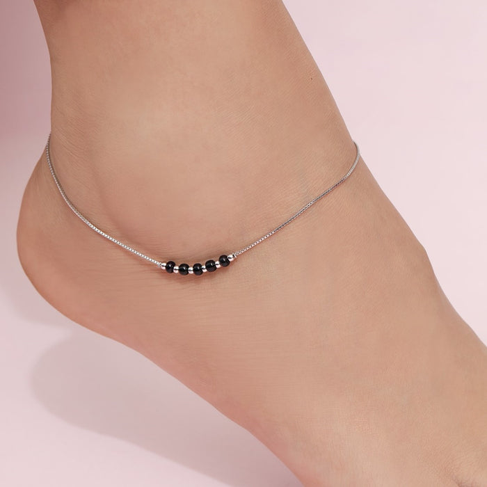 Minimal Beaded Rhodium Plated 925 Sterling Silver Anklet