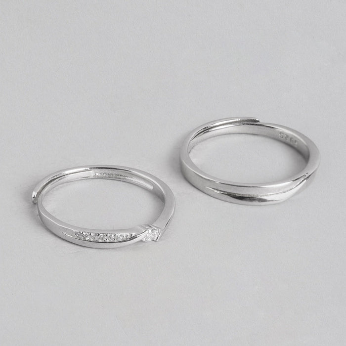 Minimal CZ Rhodium Plated 925 Sterling Silver Couple Ring (Adjustable)