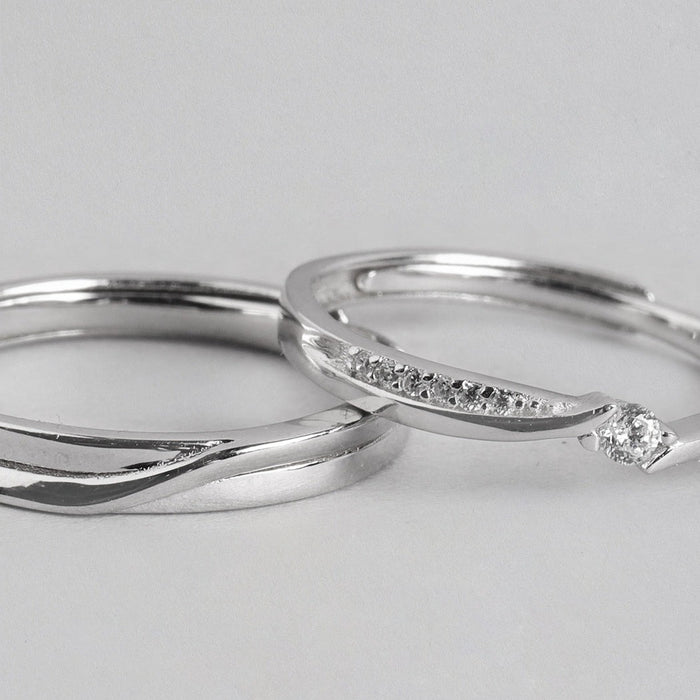 Minimal CZ Rhodium Plated 925 Sterling Silver Couple Ring (Adjustable)