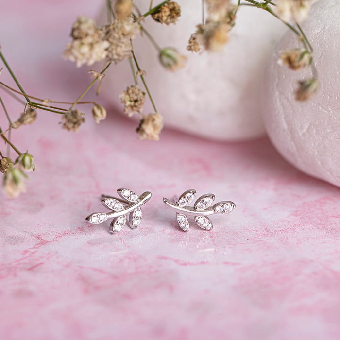Minimal Leaf CZ Rhodium Plated 925 Sterling Silver Earring