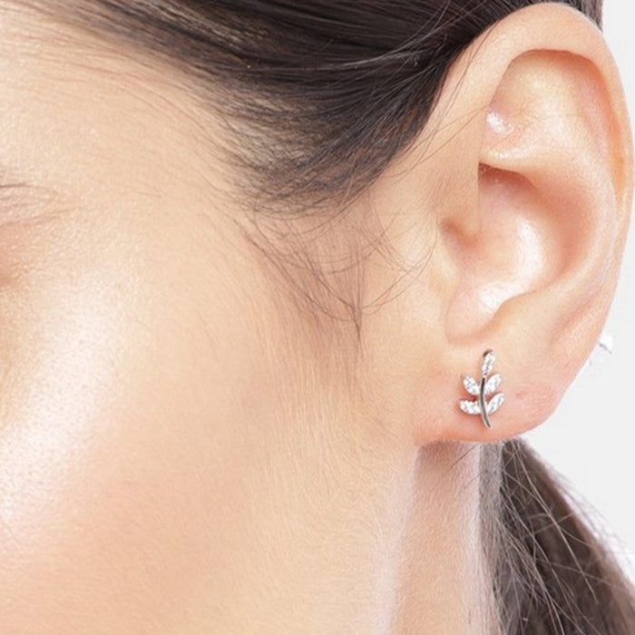 Minimal Leaf CZ Rhodium Plated 925 Sterling Silver Earring
