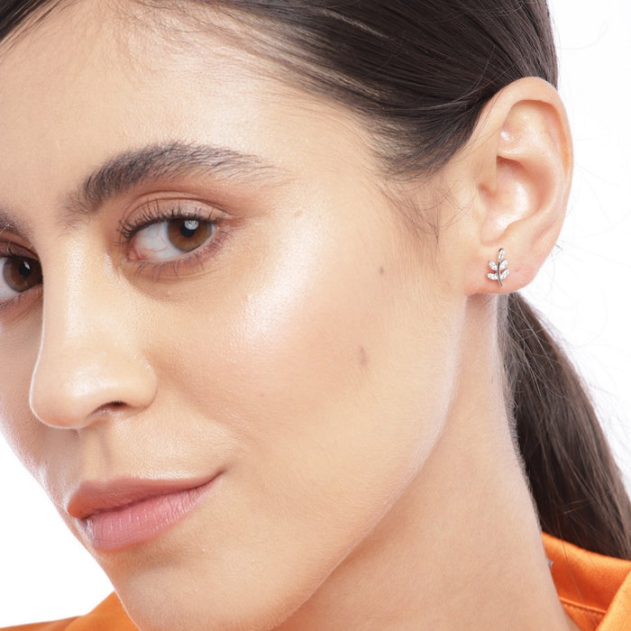 Minimal Leaf CZ Rhodium Plated 925 Sterling Silver Earring