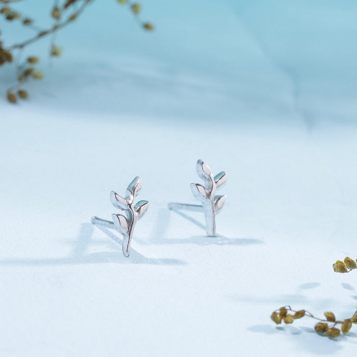 Minimal Leafy Rhodium Plated 925 Sterling Silver Studs