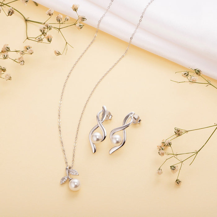 Minimal Pearl Rhodium Plated 925 Sterling Silver Jewellery Set