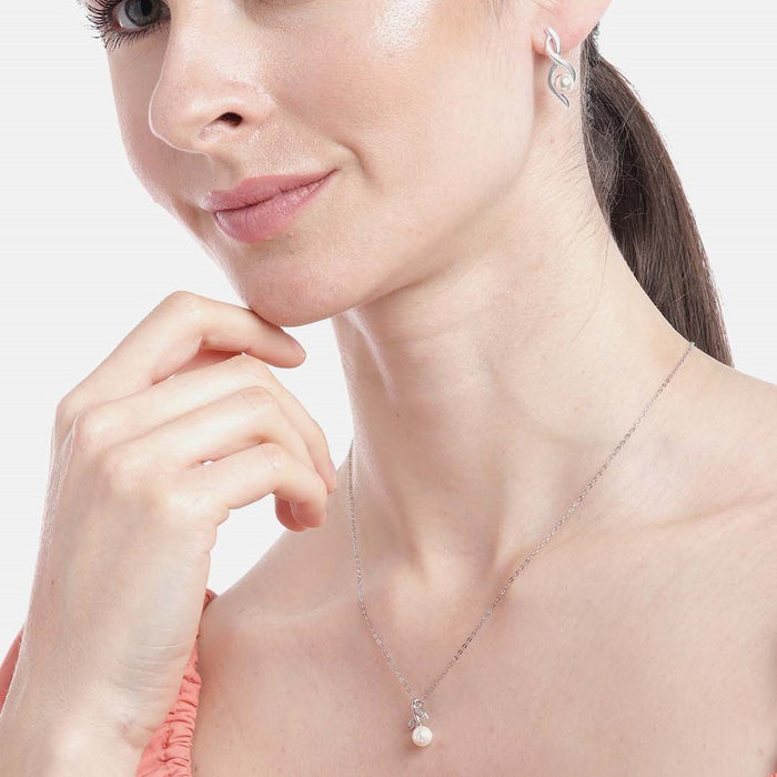 Minimal Pearl Rhodium Plated 925 Sterling Silver Jewellery Set