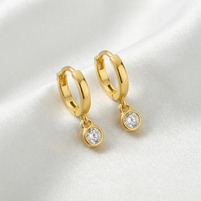 Minimal Solitaire Drop Gold Plated 925 Silver Hoop Earrings