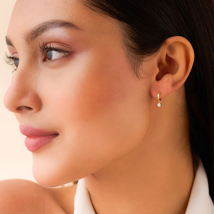 Minimal Solitaire Drop Gold Plated 925 Silver Hoop Earrings
