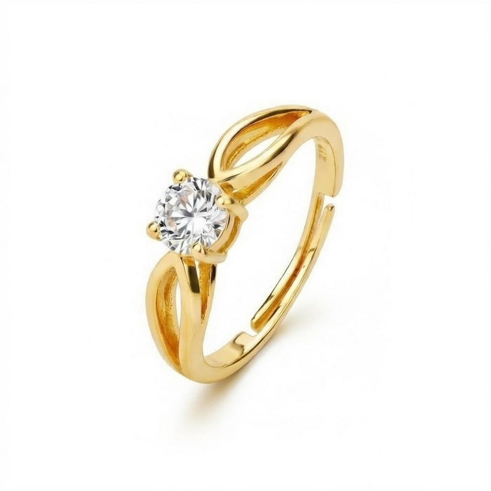 Gold plated 925 Sterling Silver adjustable solitaire ring for women with a split band and clear stone – Zavya
