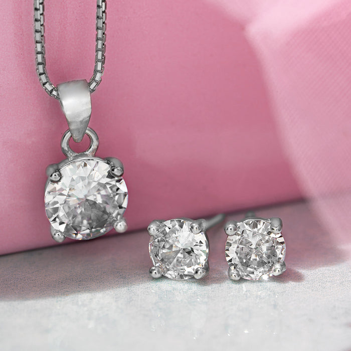 Minimal Solitaire Rhodium Plated 925 Sterling Silver Jewellery Set