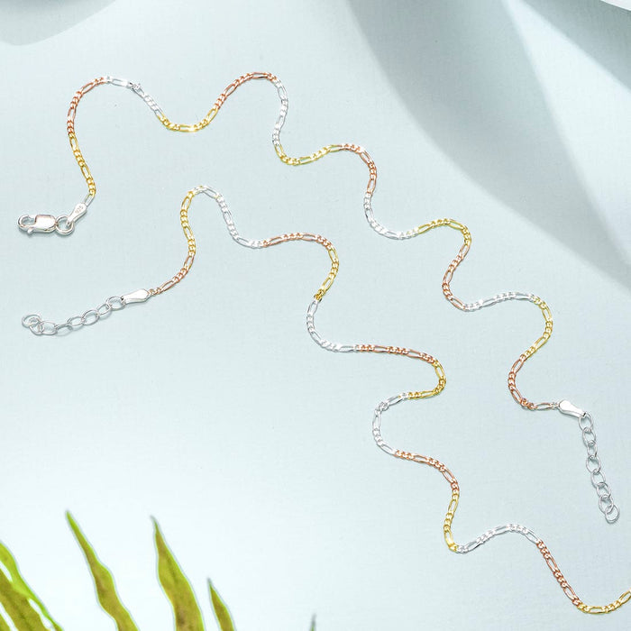 Minimal 925 Sterling Silver anklet for women, wavy triple tone Figaro chain on light blue – Zavya