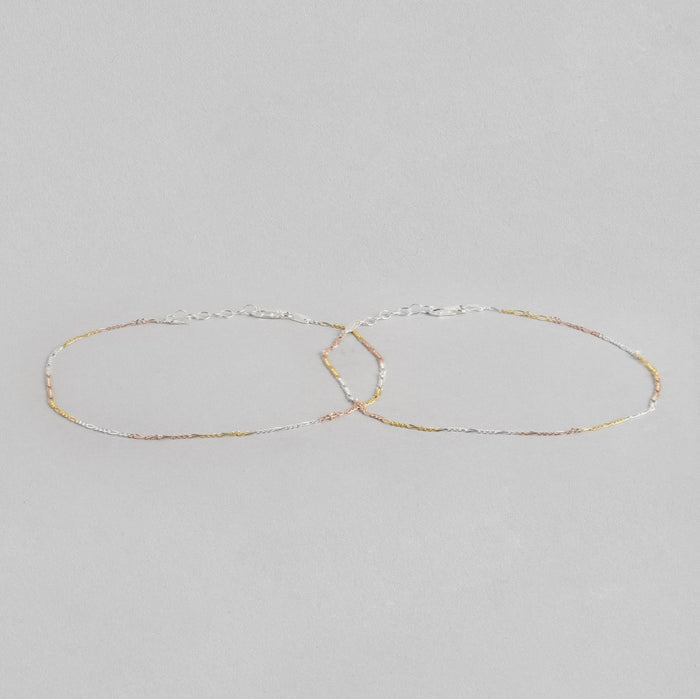 Minimal triple tone Figaro 925 Sterling Silver anklet for women. Two delicate chains linked together – Zavya
