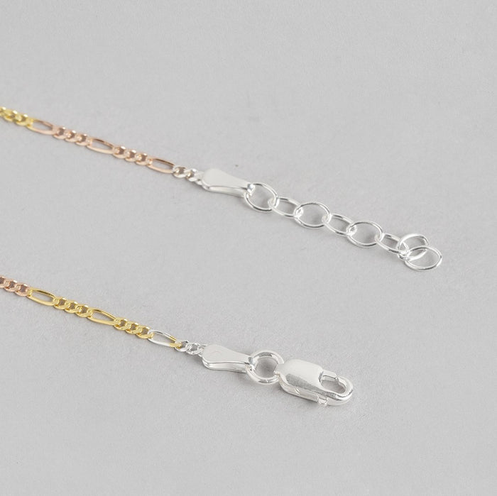 Minimalist women's 925 Sterling Silver anklet showing triple tone figaro chain and adjustable clasp – Zavya