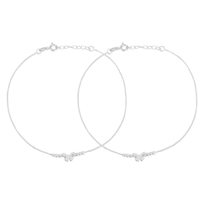 Pair of delicate women's 925 Sterling Silver anklets with minimalist butterfly charms and silver beads – Zavya