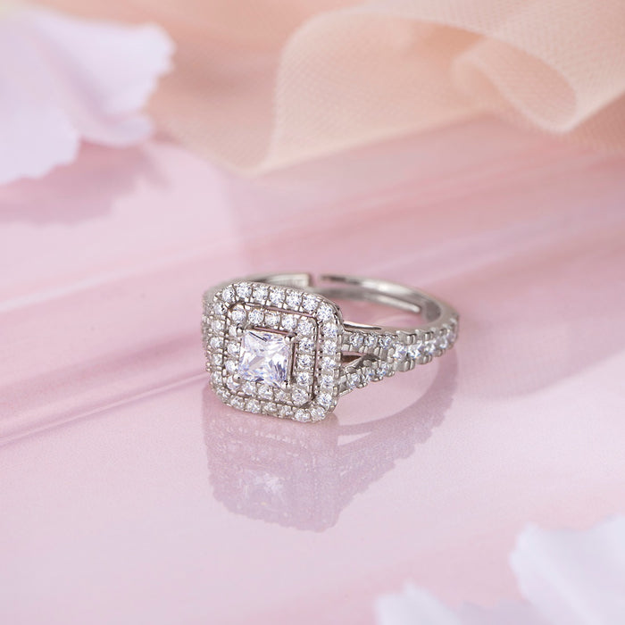 Adjustable square double halo 925 Sterling Silver CZ ring for women on pink background – Zavya