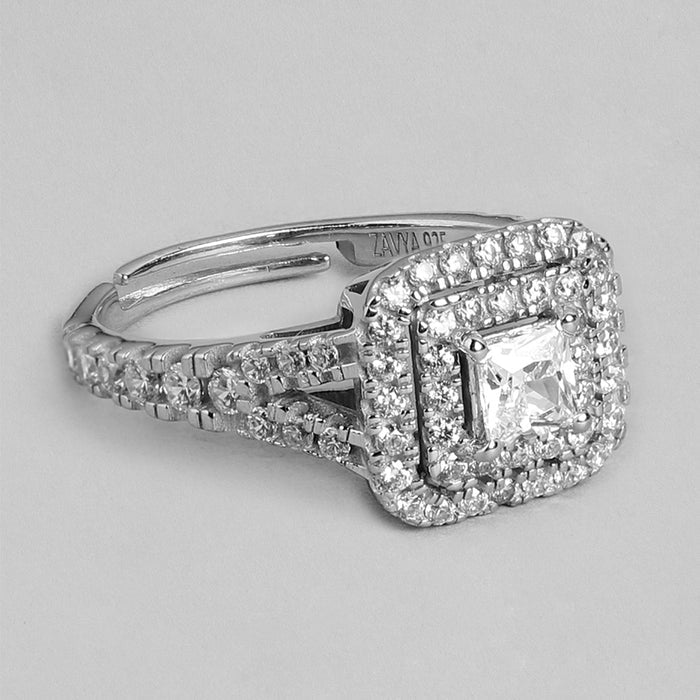 Adjustable 925 Sterling Silver ring for women featuring a sparkling square CZ double halo. – Zavya