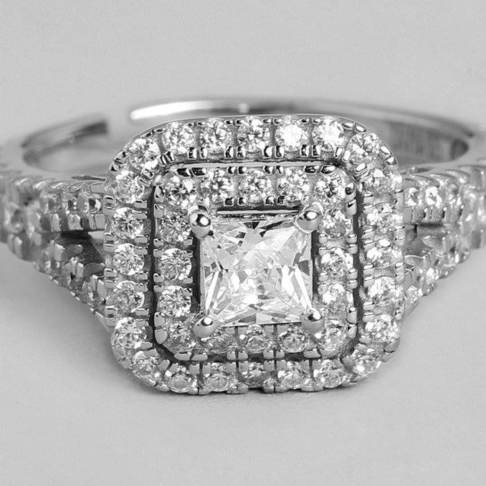 Adjustable 925 Sterling Silver ring for women featuring a double halo square CZ – Zavya