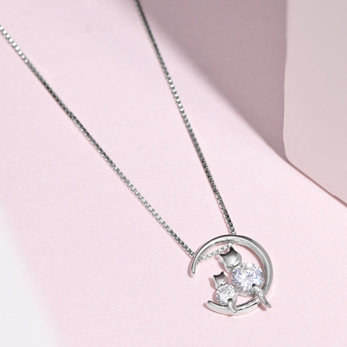 Moon CZ Studded 925 Sterling Silver Necklace