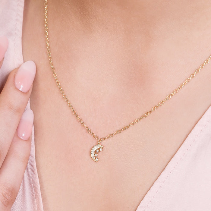 Moon n Stars CZ Necklace in 925 Sterling Silver Gold Plating