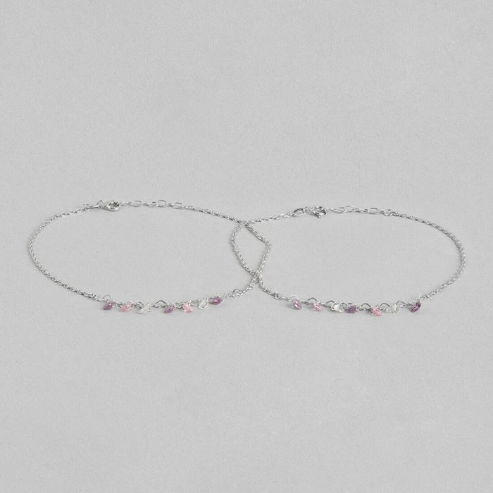 Multi-Color Charm Rhodium Plated 925 Sterling Silver Chained Anklet
