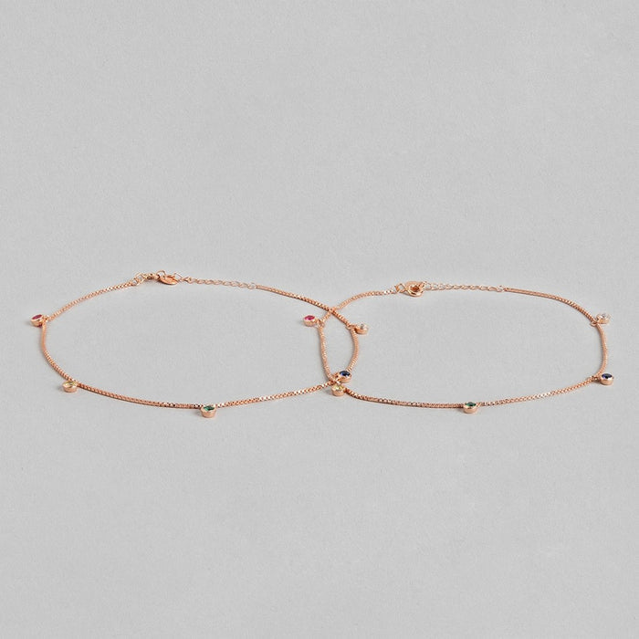Multi-Colour Charms Rose-Gold Plated 925 Sterling Silver Chain Anklet