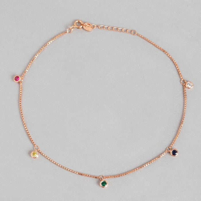 Multi-Colour Charms Rose-Gold Plated 925 Sterling Silver Chain Anklet