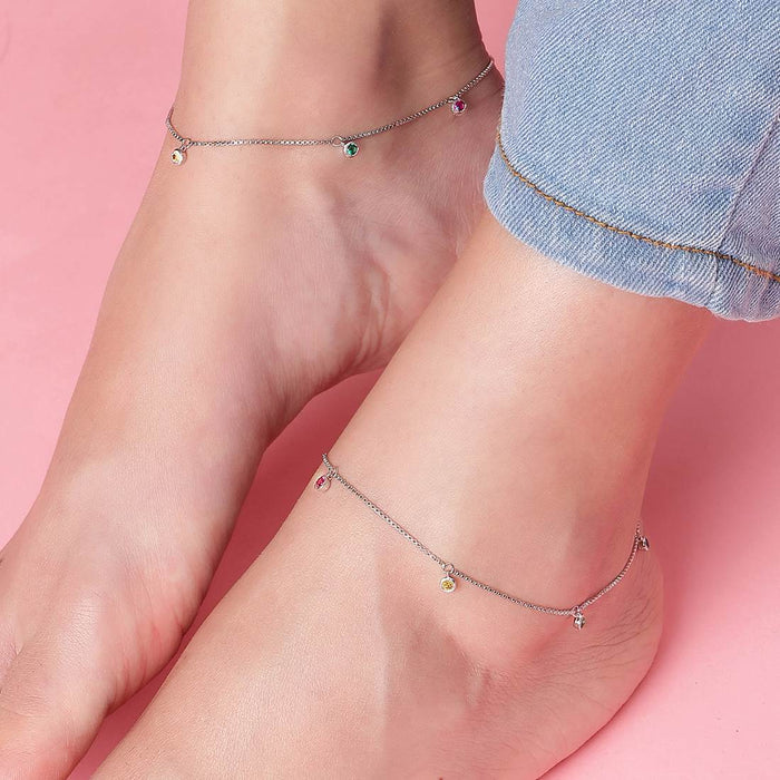 Multi Colour Drops Rhodium Plated 925 Silver Anklet (Adjsutable)